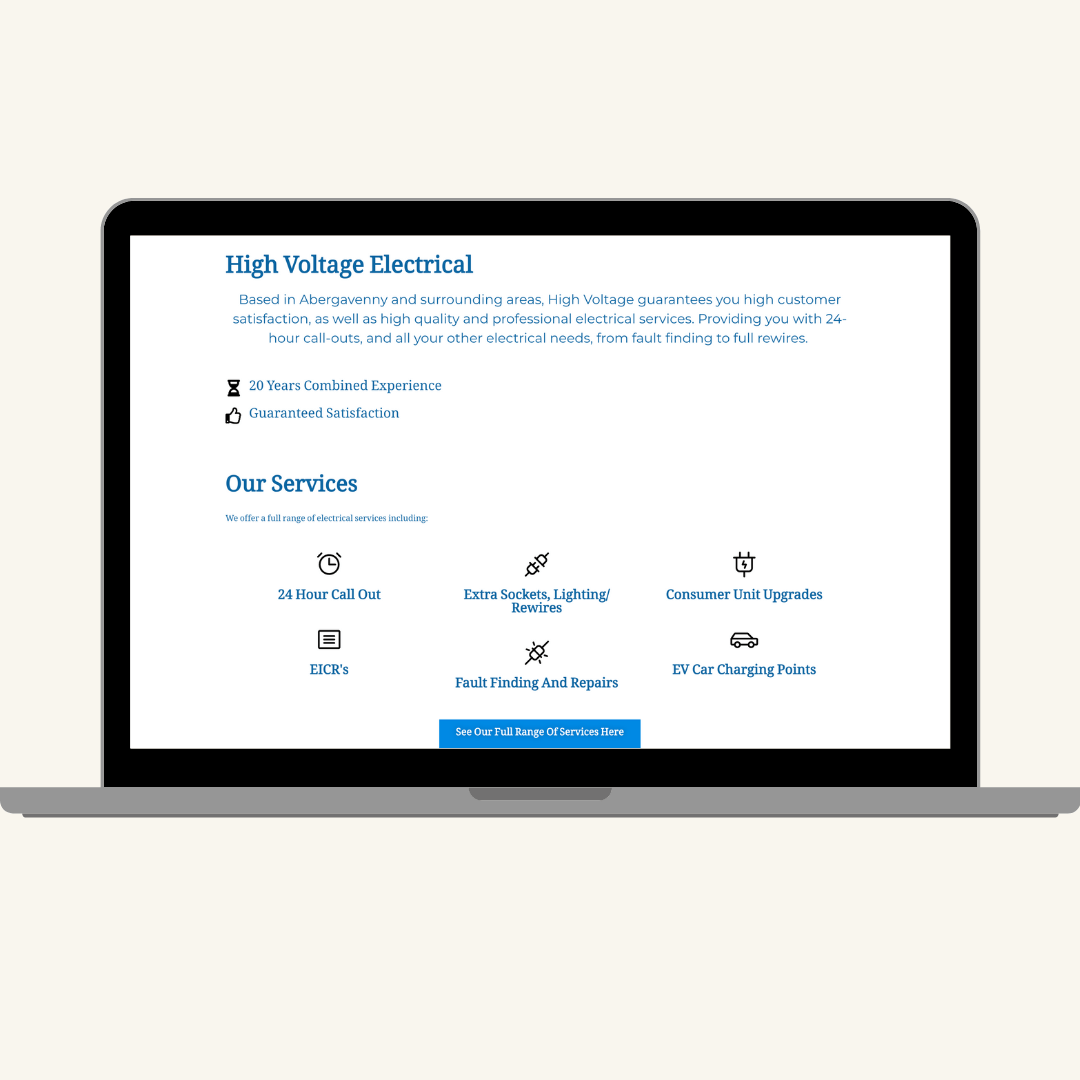 Screenshot of another section of the high voltage electrical company's homepage built by MardenDigital