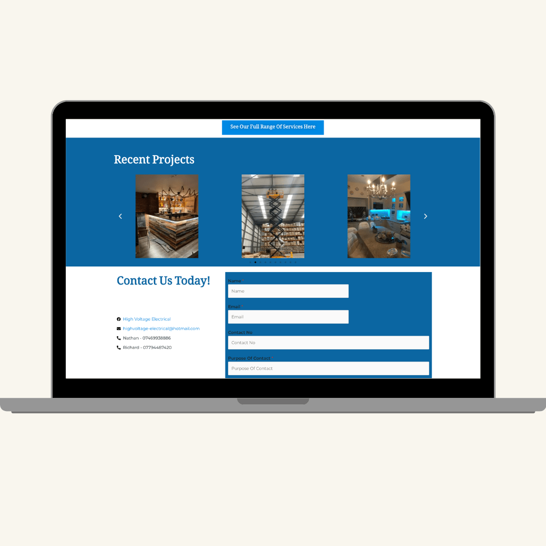 Screenshot of the recent projects and contact us section of the high voltage electrical company's homepage built by MardenDigital