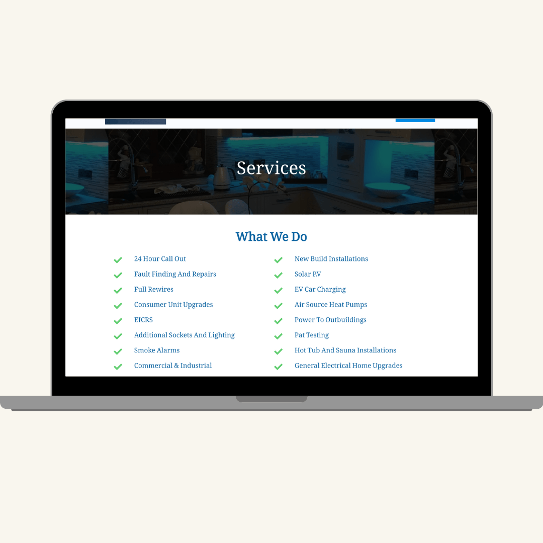 Screenshot of the services page displaying the high voltage electrical services offered, designed by MardenDigital