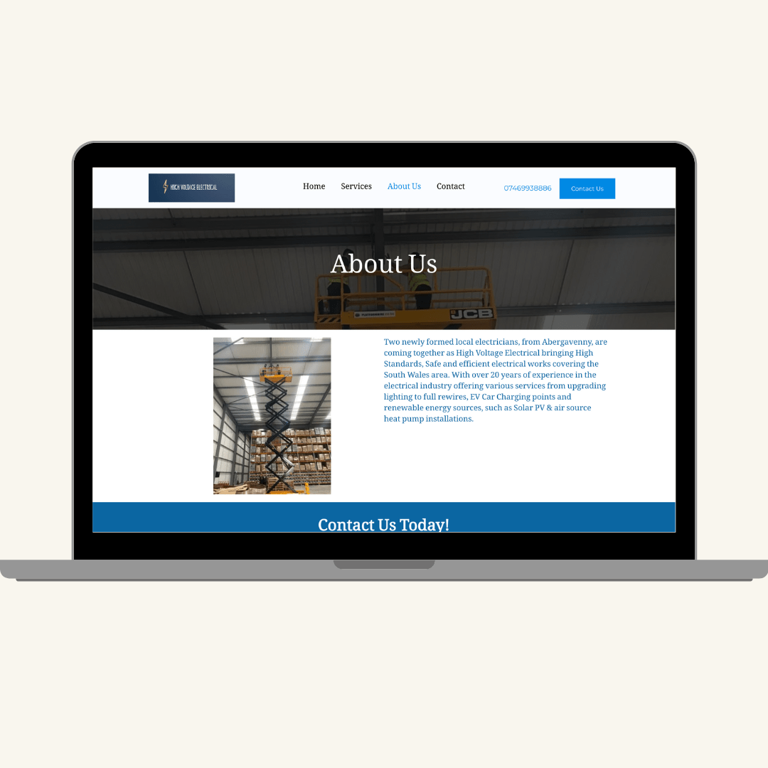 Screenshot of the About Us page for the high voltage electrical company, designed by MardenDigital