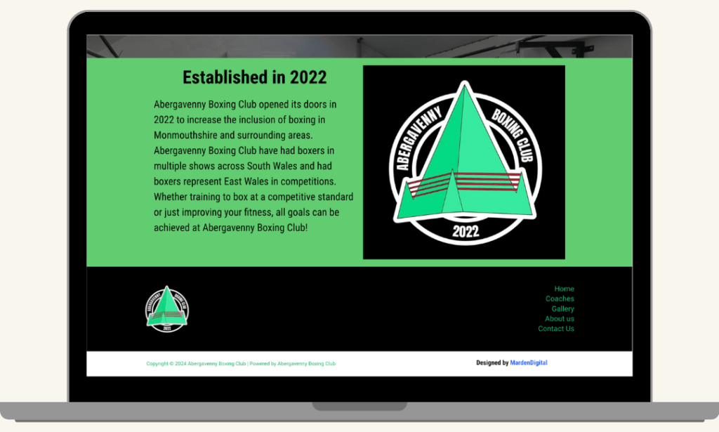 Screenshot of the ending section of the About Us page from the Abergavenny Boxing Club website, built by MardenDigital