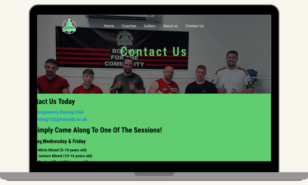 Screenshot of the Contact Us section from the Abergavenny Boxing Club website, built by MardenDigital