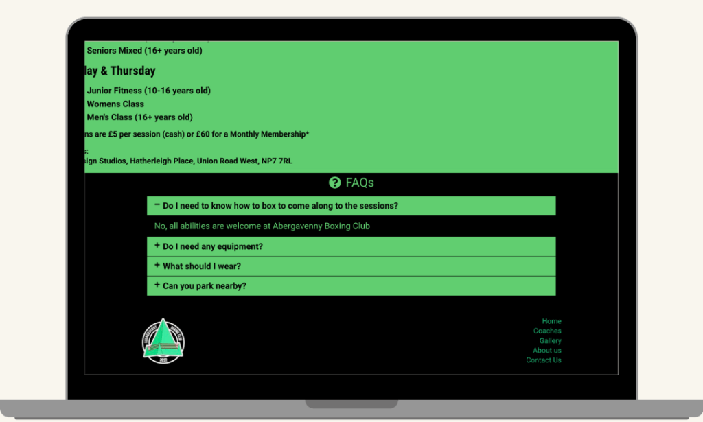 Screenshot of the FAQs section at the end of the Contact Us page from the Abergavenny Boxing Club website, built by MardenDigital