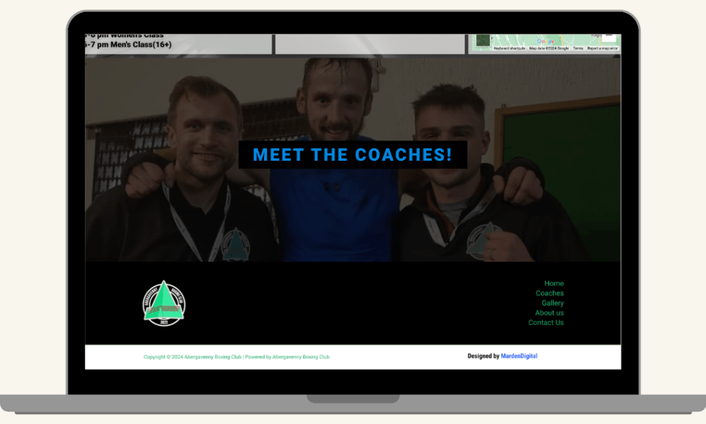 Screenshot of Abergavenny Boxing Club homepage with Meet the Coaches button, built by MardenDigital