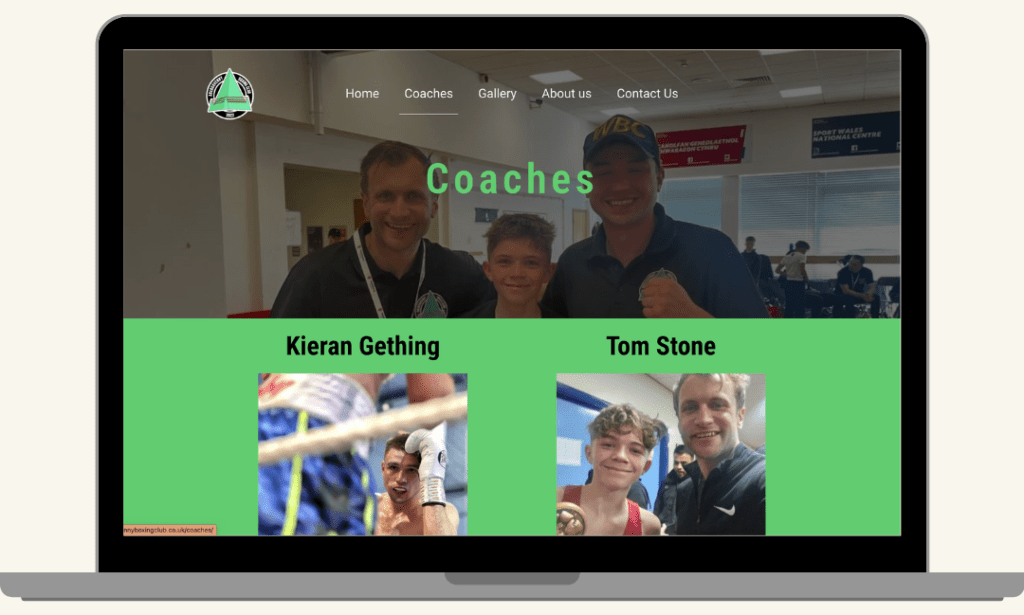 Screenshot of the Abergavenny Boxing Club coaches page with coach information and photos, built by MardenDigital