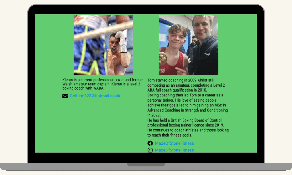 Screenshot of the last part of Abergavenny Boxing Club coaches page with additional coach information, built by MardenDigital