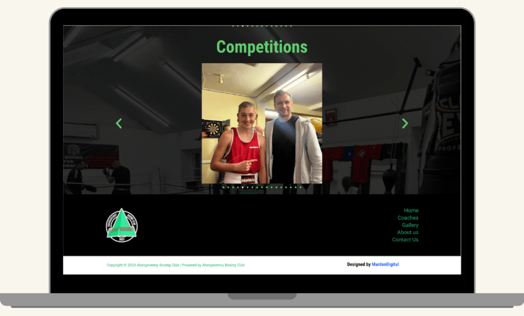 Screenshot of the competitions section at the end of the Abergavenny Boxing Club gallery page, built by MardenDigital