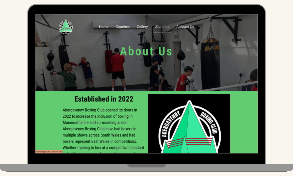 Screenshot of the About Us page from the Abergavenny Boxing Club website, built by MardenDigital