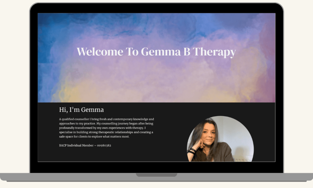 Screenshot of the first section of the Gemma B Therapy homepage introducing Gemma