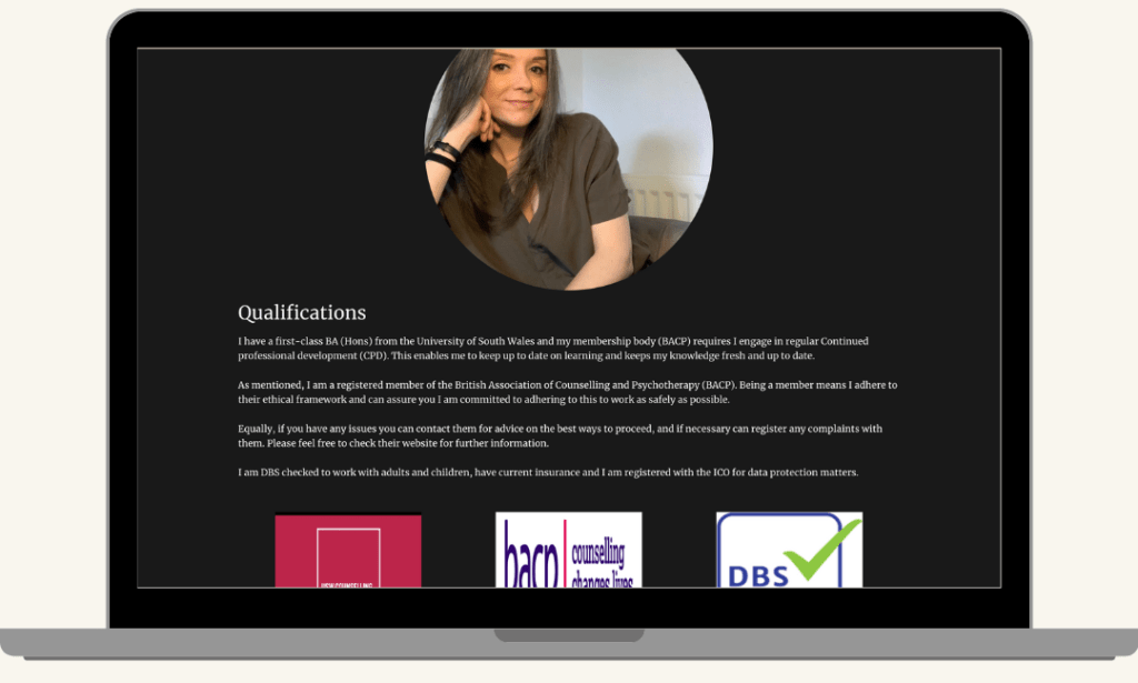 Screenshot of the Qualifications section on the About Me page of the Gemma B Therapy website, built by MardenDigital