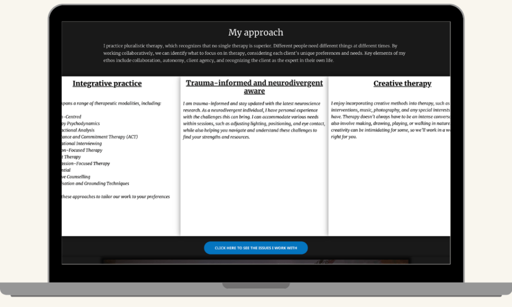 Screenshot of the My Approach section on the About Me page of the Gemma B Therapy website, built by MardenDigital