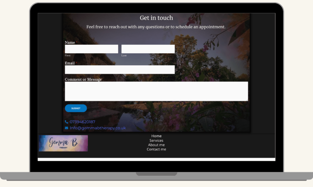 Screenshot of the Get in Touch section on the About Me page of the Gemma B Therapy website, built by MardenDigital