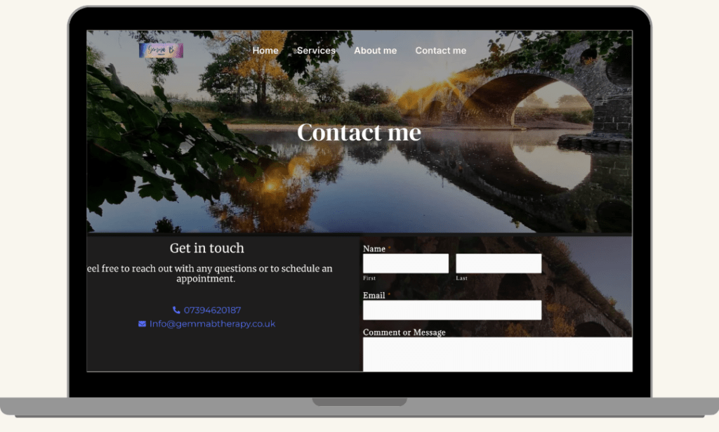 Screenshot of the Contact Me page on the Gemma B Therapy website, built by MardenDigital