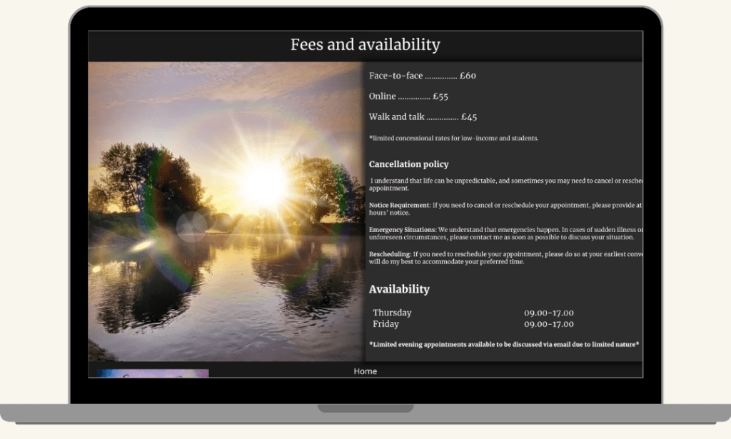 Screenshot of the Fees and Availability section on the Contact page of the Gemma B Therapy website, built by MardenDigital