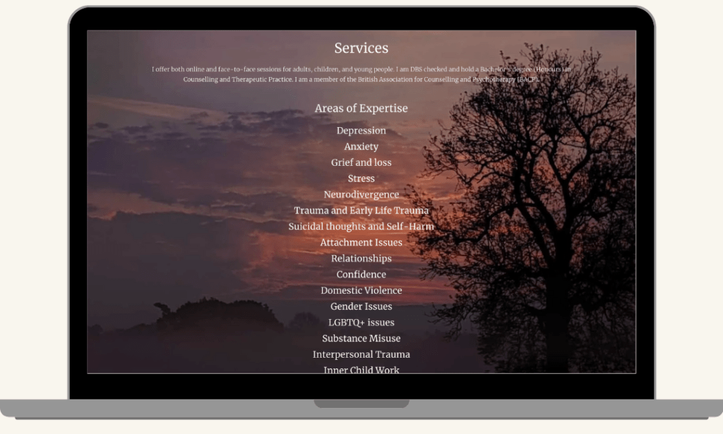 Screenshot of the Gemma B Therapy homepage with the Services section, built by MardenDigital