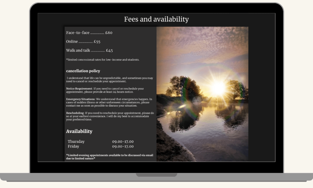 Screenshot of the Gemma B Therapy homepage with the Fees and Availability section, built by MardenDigital