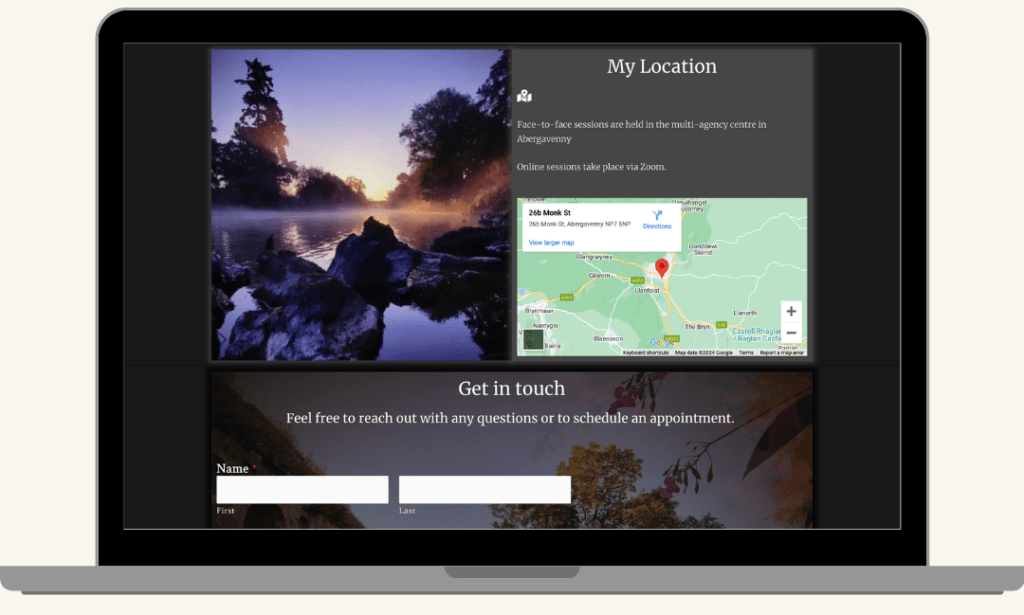 Screenshot of the Gemma B Therapy homepage with the My Location and Get in Touch sections, built by MardenDigital
