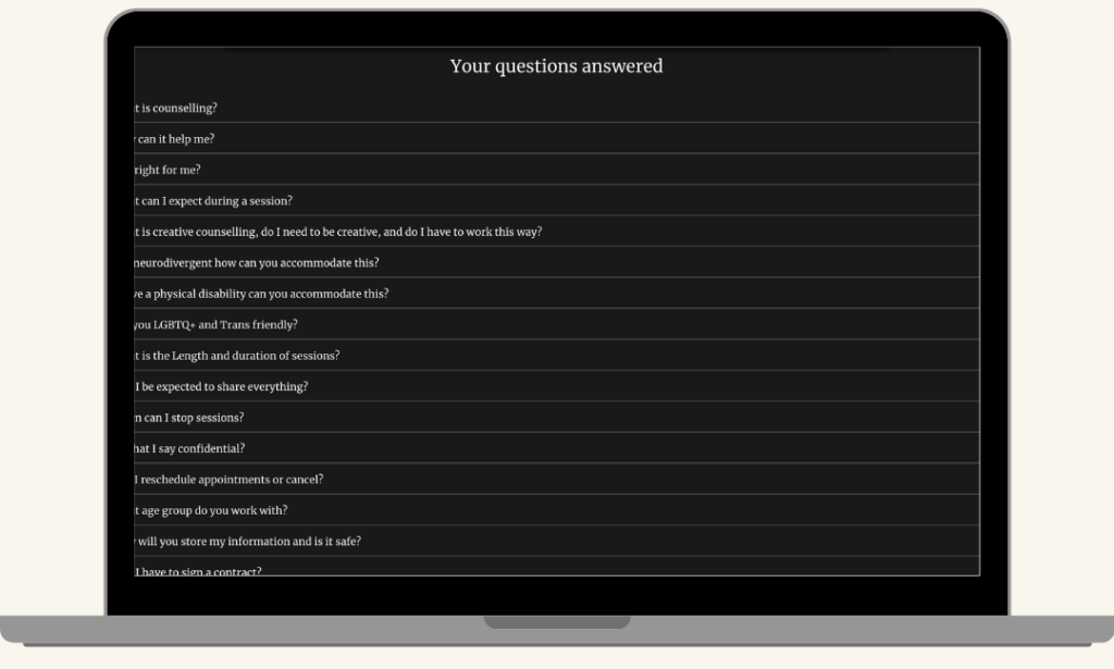Screenshot of the Your Questions Answered section on the Gemma B Therapy homepage, built by MardenDigital