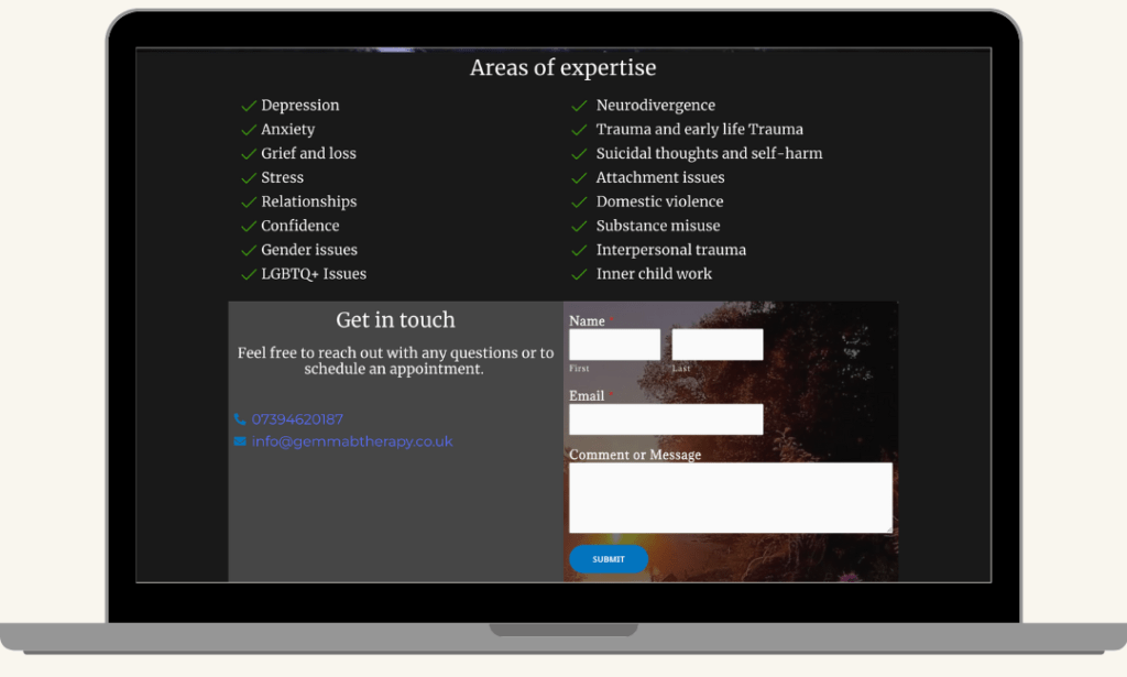 Screenshot of the Areas of Expertise and Contact Me sections on the Gemma B Therapy Services page, built by MardenDigital