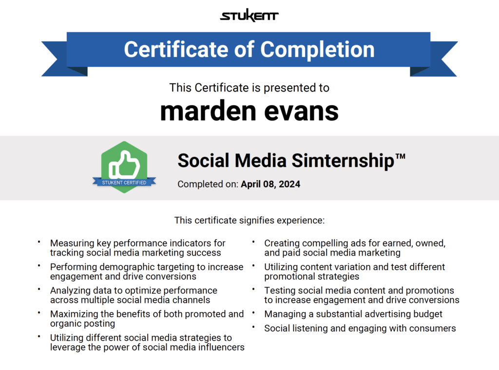 Certificate awarded to Marden Evans from Liverpool John Moores University for completing a social media simulation, including paid advertising and organic posting.