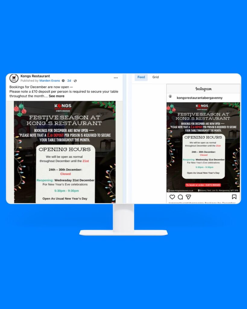 Side by side Facebook and Instagram posts created for Kong’s Restaurant social media marketing