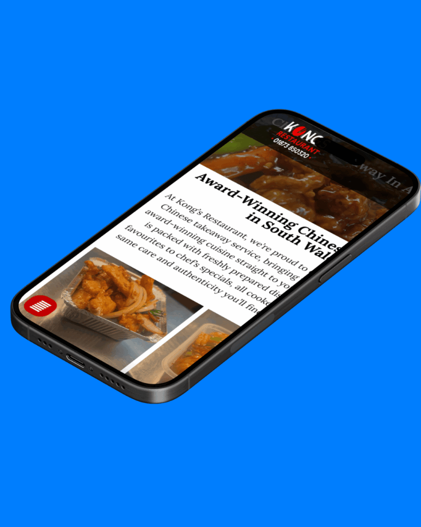 Kong’s Restaurant website design displayed on a mobile phone